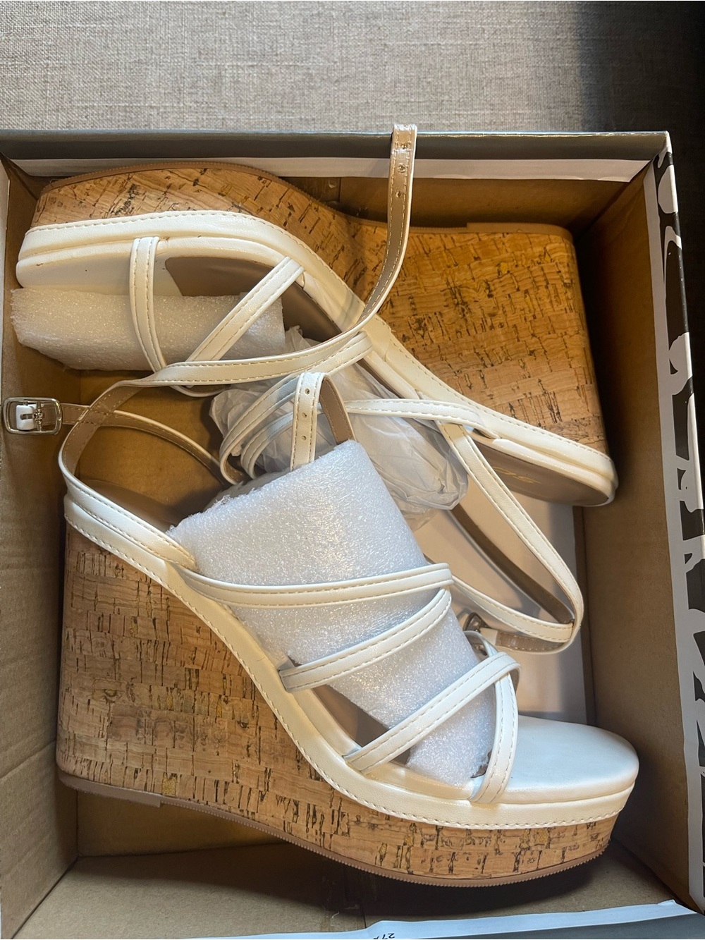 Soda White Cork Wedge Strappy Sandals